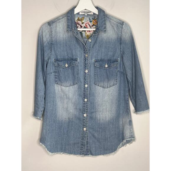 Etienne Marcel Embroidered Floral Button-Up Denim Shirt Blue Women's Size Small - Picture 3 of 13